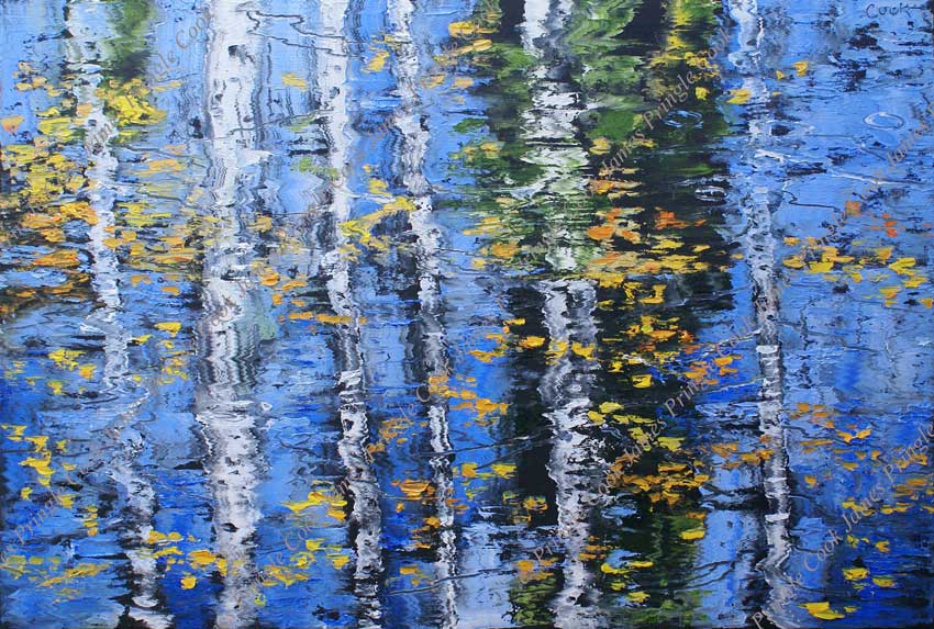 James Pringle Cook oil painting of water reflections of aspens