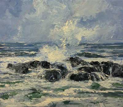 James Pringle Cook oil painting of waves hitting rocks