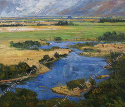 James Pringle Cook oil painting of summer rain and Silver Creek