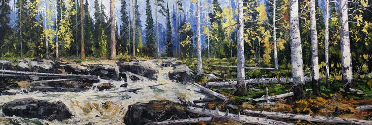 James Pringle Cook oil painting of aspen, pine trees with cascading water at Colorado Convention Center