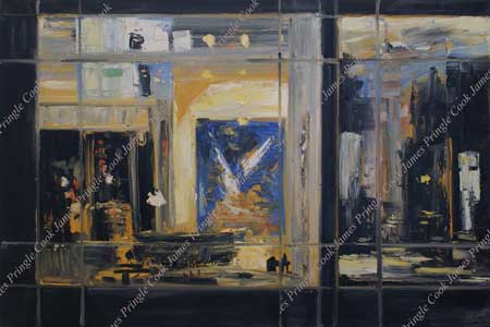 James Pringle Cook oil painting of reflections on city building windows