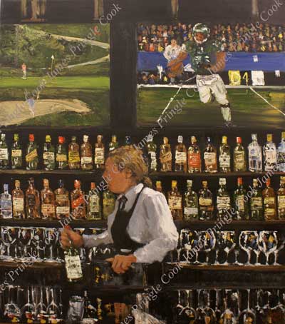 James Pringle Cook oil painting of bar scene with television in background