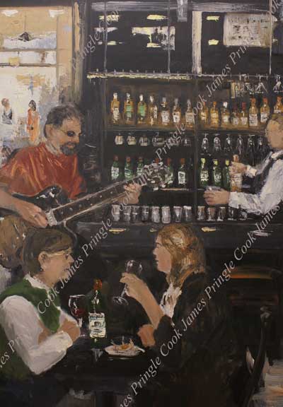 James Pringle Cook oil painting of blues guitar player in bar scene