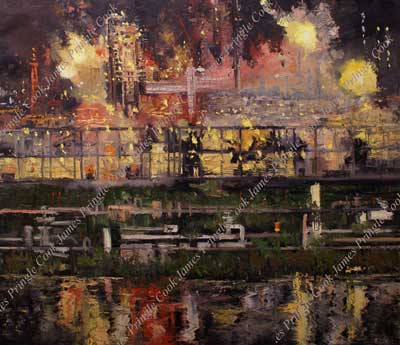 Lake Charles energy plant in rain shower - oil painting by James Pringle Cook